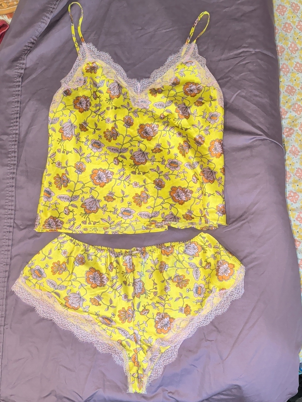 Victoria's Secret Yellow Floral Lace-Trim Cami & Cheeky Briefs